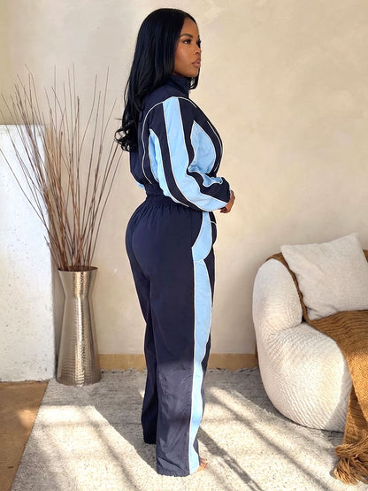 Contrast Windbreaker Jacket & Wide Pants Set
