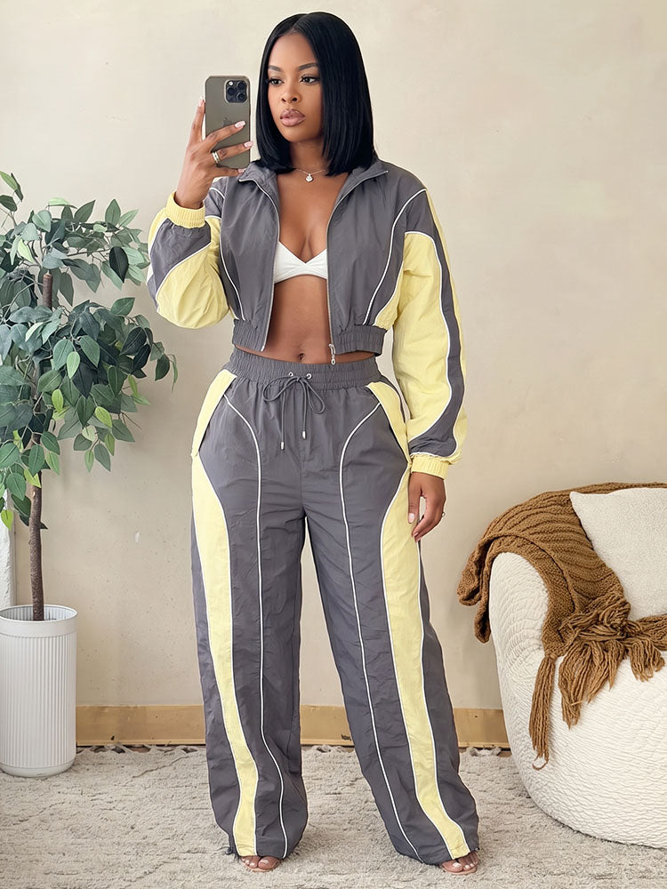 Contrast Windbreaker Jacket & Wide Pants Set