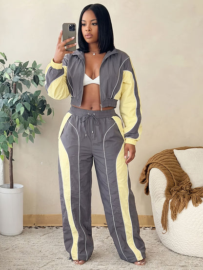 Contrast Windbreaker Jacket & Wide Pants Set