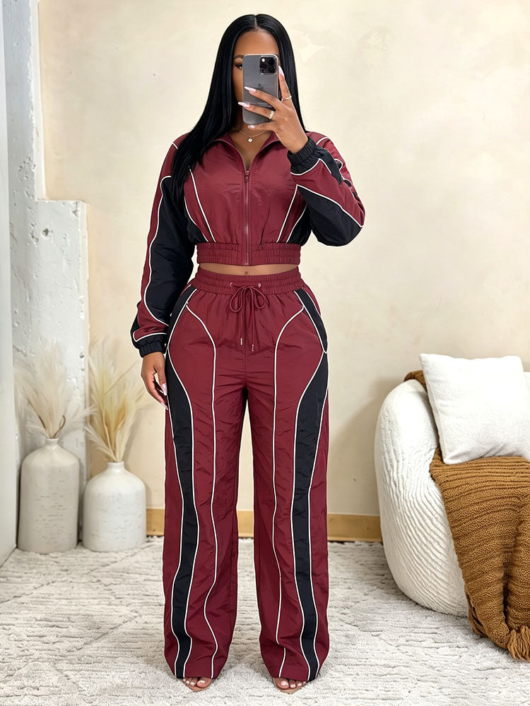 Contrast Windbreaker Jacket & Wide Pants Set