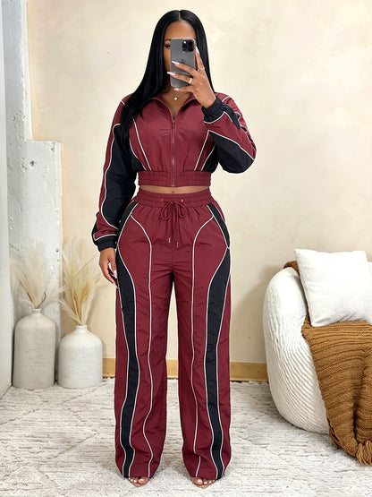 Contrast Windbreaker Jacket & Wide Pants Set