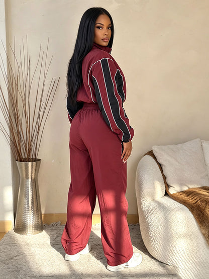 Contrast Windbreaker Jacket & Wide Pants Set