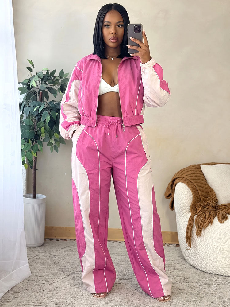 Contrast Windbreaker Jacket & Wide Pants Set