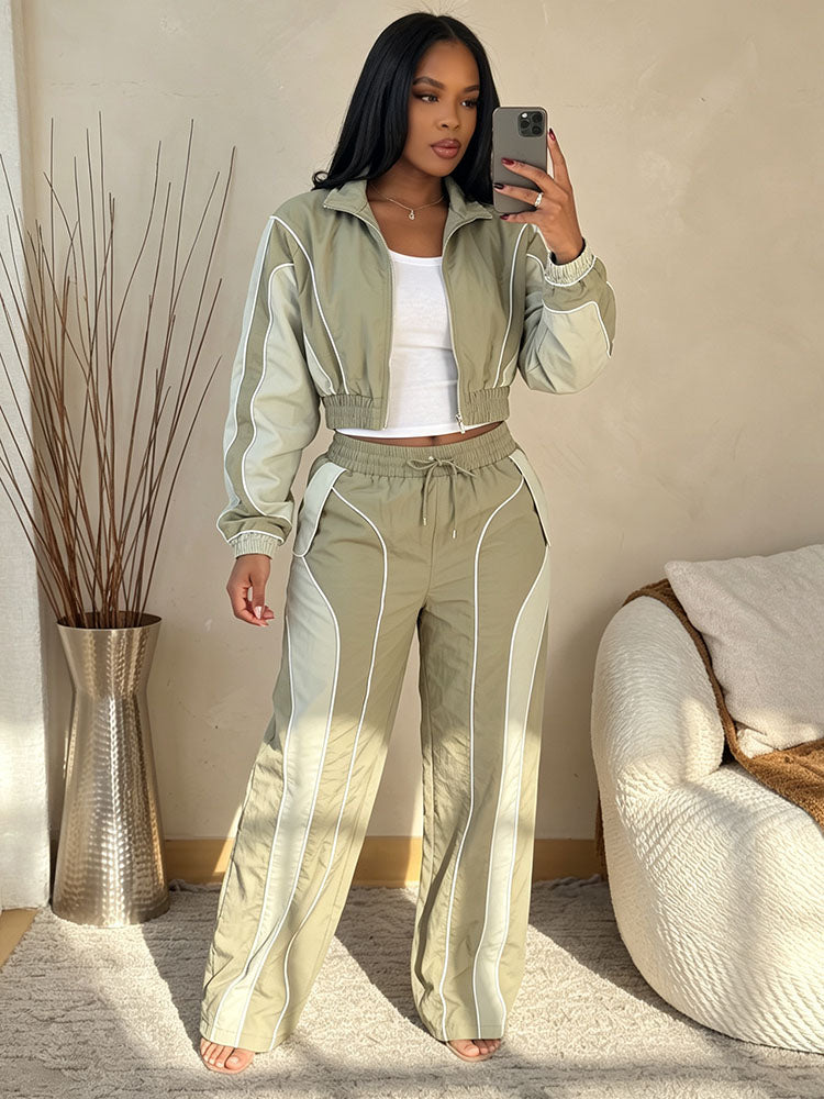 Contrast Windbreaker Jacket & Wide Pants Set