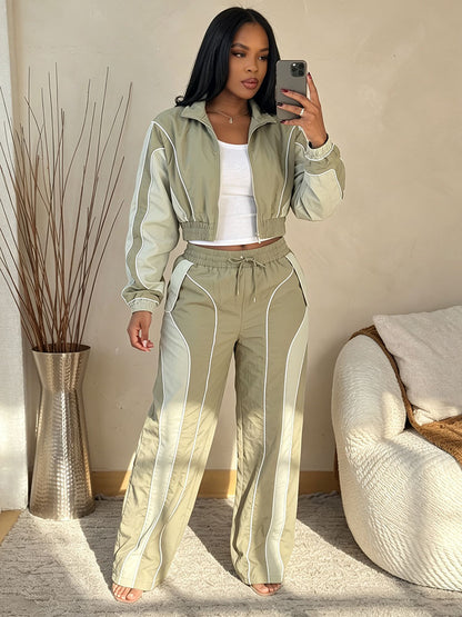 Contrast Windbreaker Jacket & Wide Pants Set