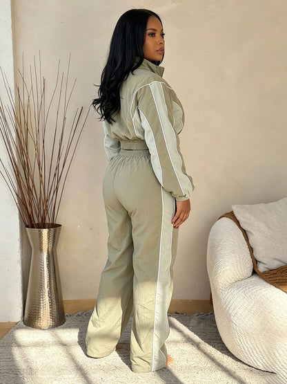 Contrast Windbreaker Jacket & Wide Pants Set