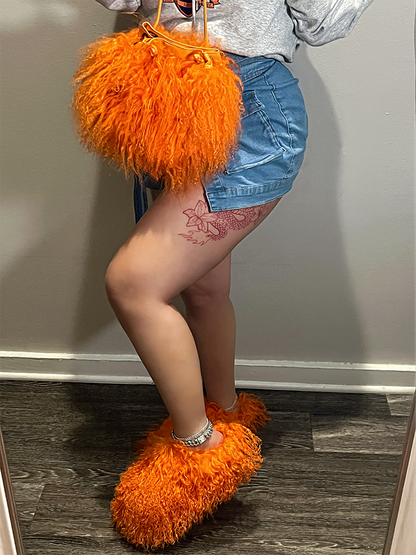 Ensemble sac et claquettes en fourrure moelleuse