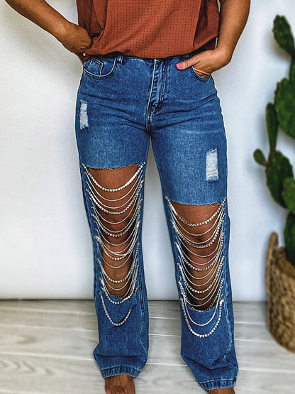 Rhinestone Chain Jeans - ECHOINE