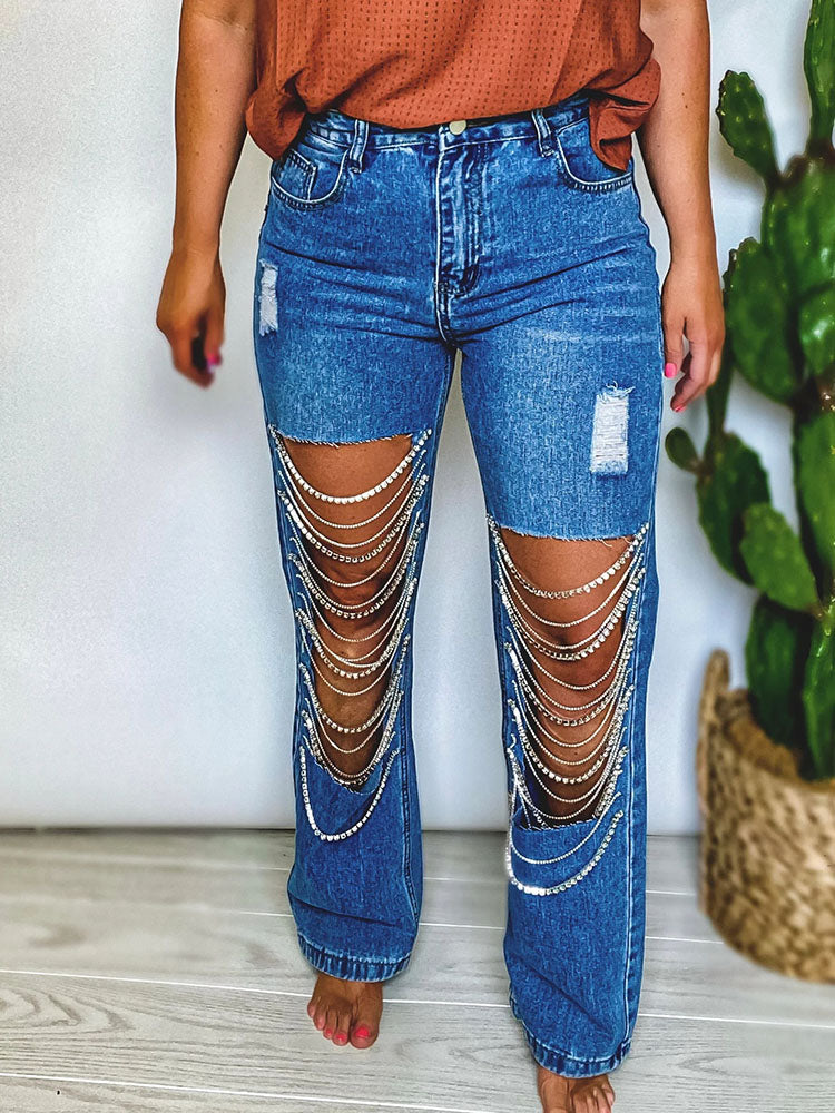 Rhinestone Chain Jeans - ECHOINE