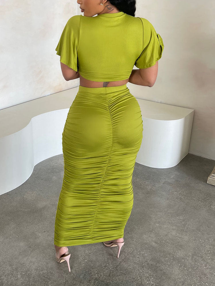 Crop Top Ruched Skirt Set - ECHOINE