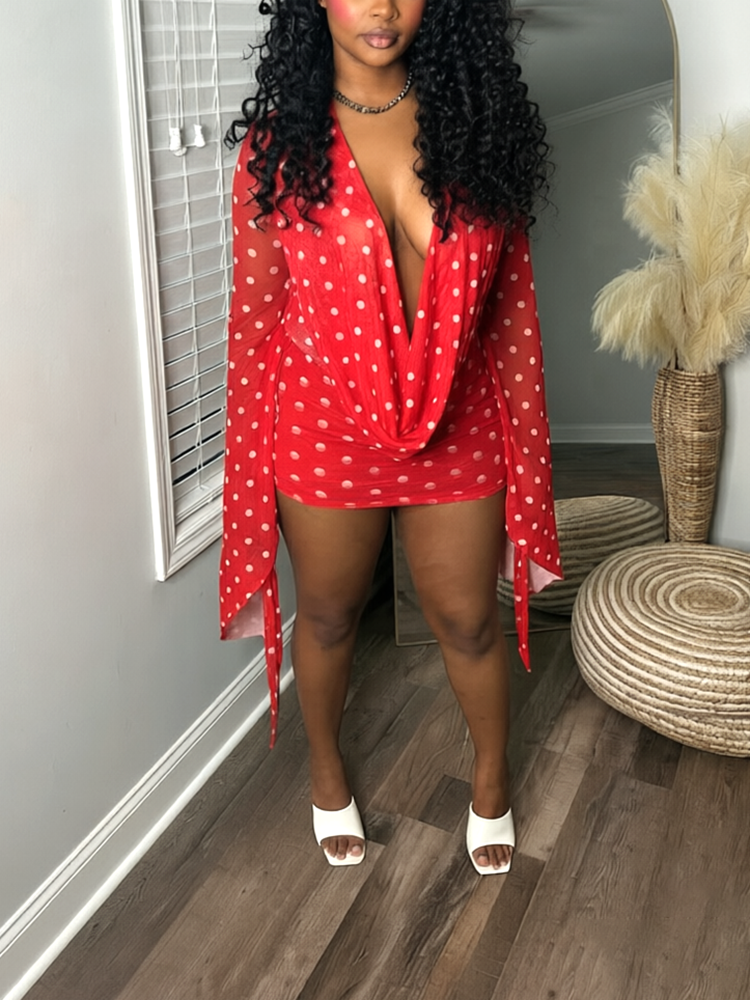 Polka Dot Mesh Plunge Mini Dress