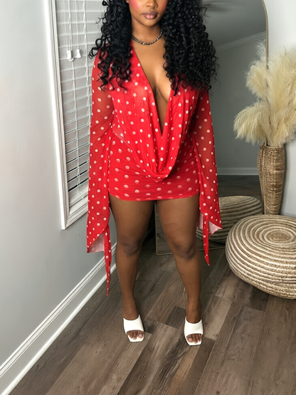Polka Dot Mesh Plunge Mini Dress