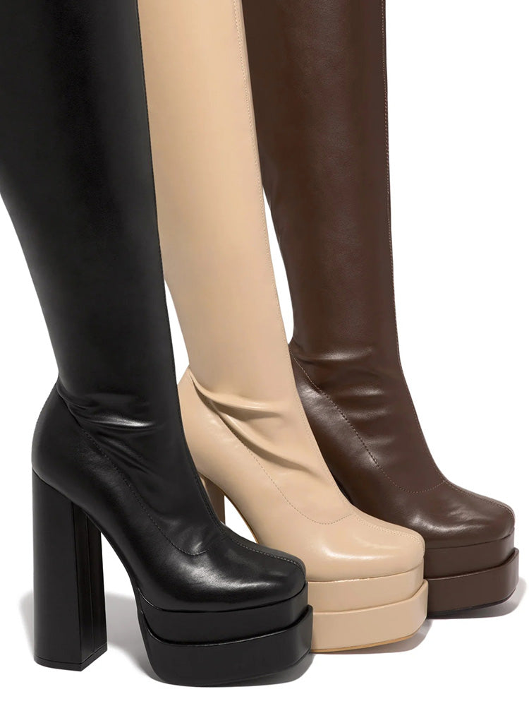 PU Platform Heel Thigh High Boots