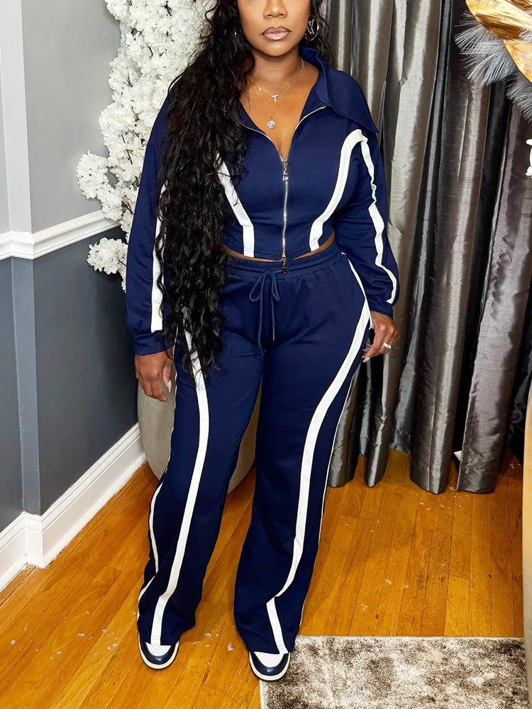 Contrast Zip-Front Jacket & Wide Pants Set