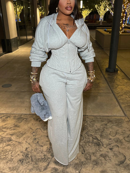 Corset Hoodie Jacket & Wide Pants Set