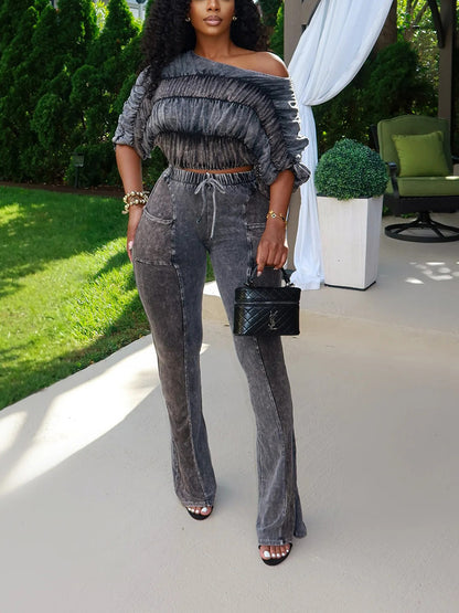 Washed Ruched Top & Flared Pants Set