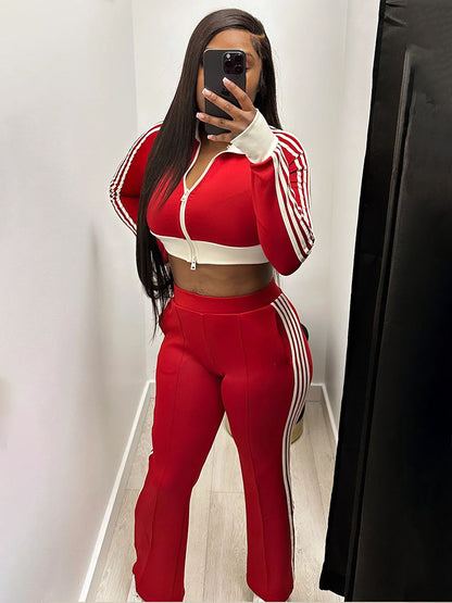 Striped Trim Zip Cropped Jacket & Pants Set