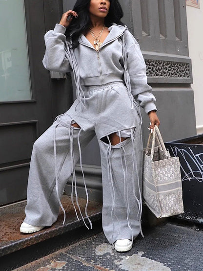String Hoodie Jacket & Cutout Pants Set