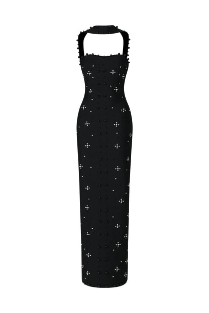 Pearl Embellished Halter Maxi Dress