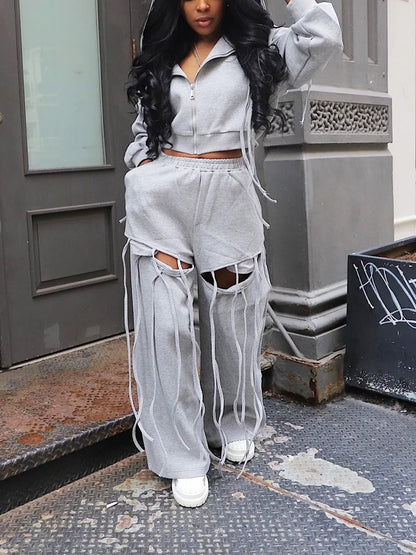 String Hoodie Jacket & Cutout Pants Set
