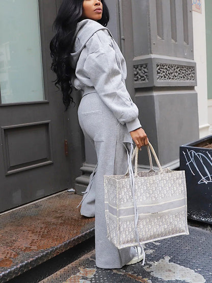 String Hoodie Jacket & Cutout Pants Set