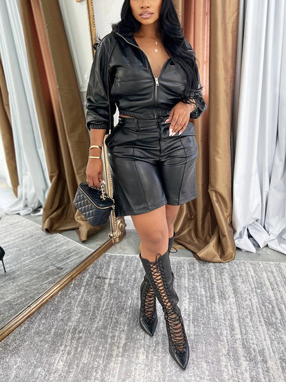 Leather Hooded Jacket & Shorts Set