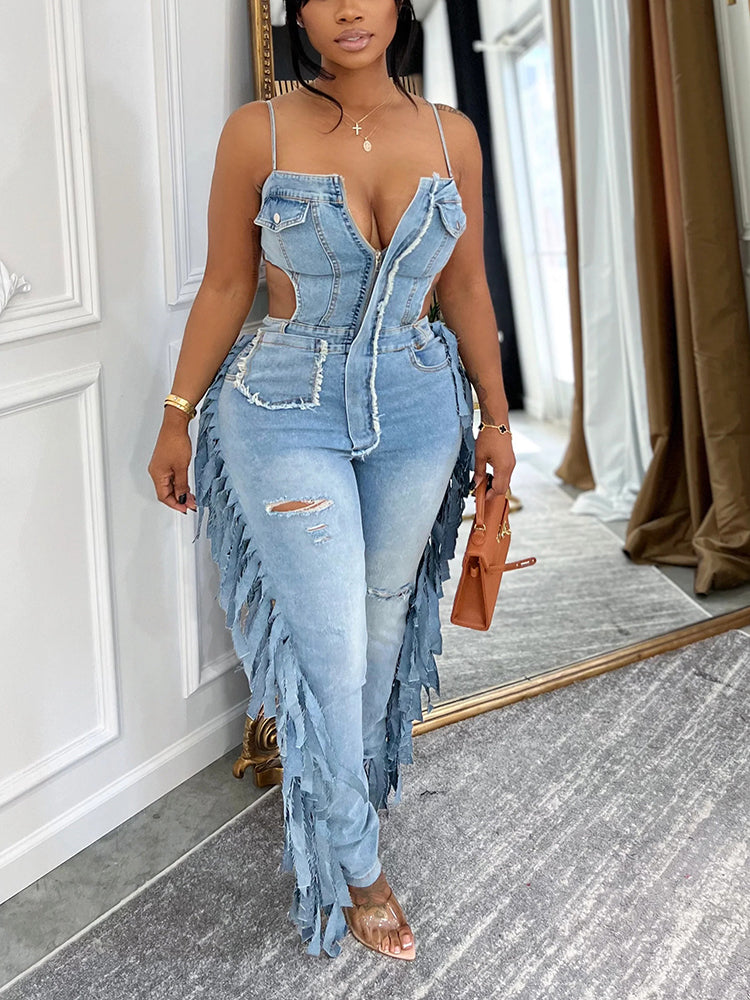 Fringe Cutout Denim Jumpsuit