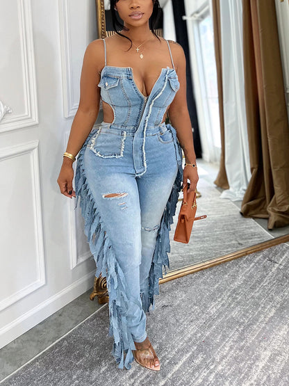 Fringe Cutout Denim Jumpsuit