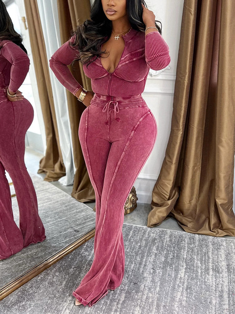 Washed Jacket & Flare Pants Set