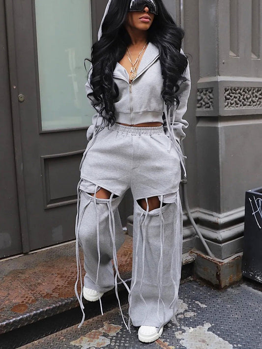 String Hoodie Jacket & Cutout Pants Set