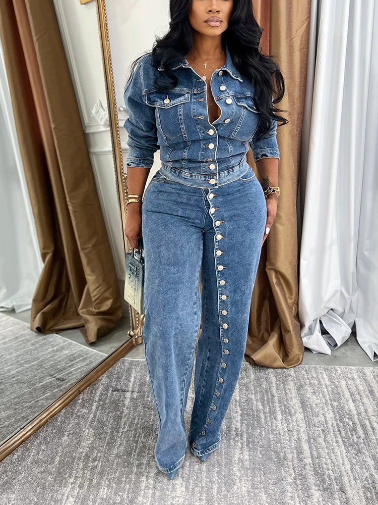 Full Button Denim Jacket & Jeans Set