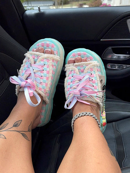 Sandales à carreaux en barbe à papa