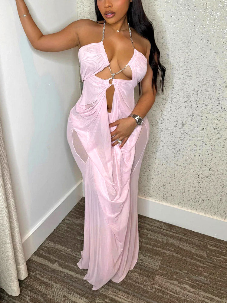 Ethereal Draped Mesh Maxi Dress