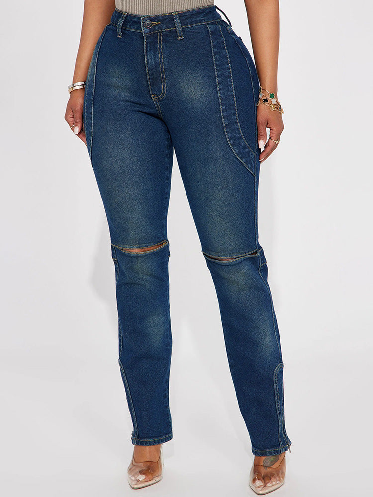 Ensemble veste courte en jean et jean découpé