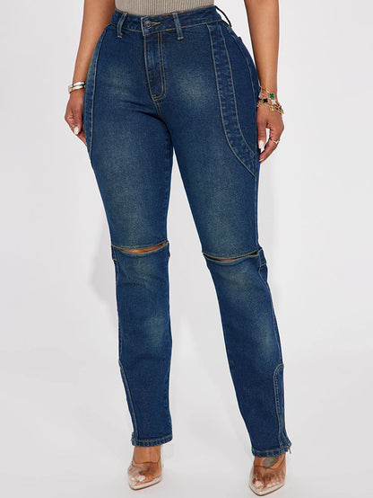 Ensemble veste courte en jean et jean découpé