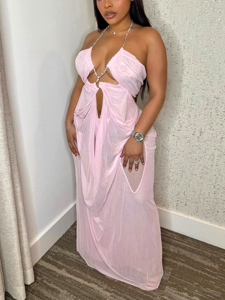 Ethereal Draped Mesh Maxi Dress