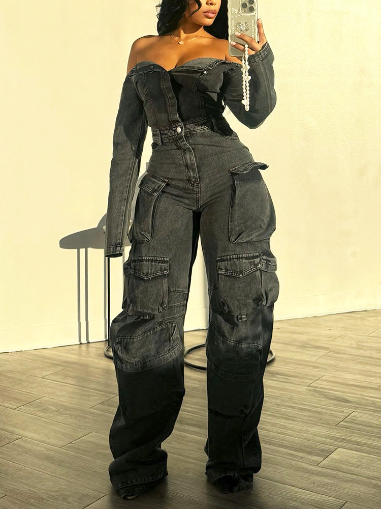 Off Shoulder Denim Cargo Jumpsuit
