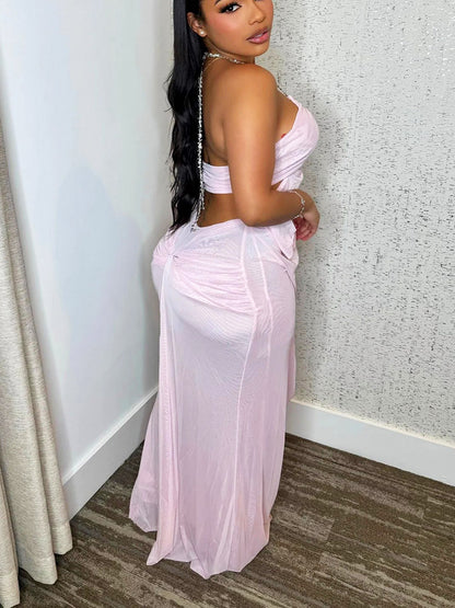 Ethereal Draped Mesh Maxi Dress