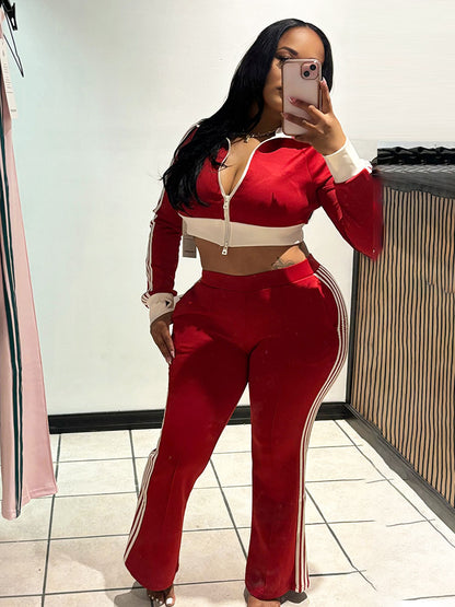 Striped Trim Zip Cropped Jacket & Pants Set