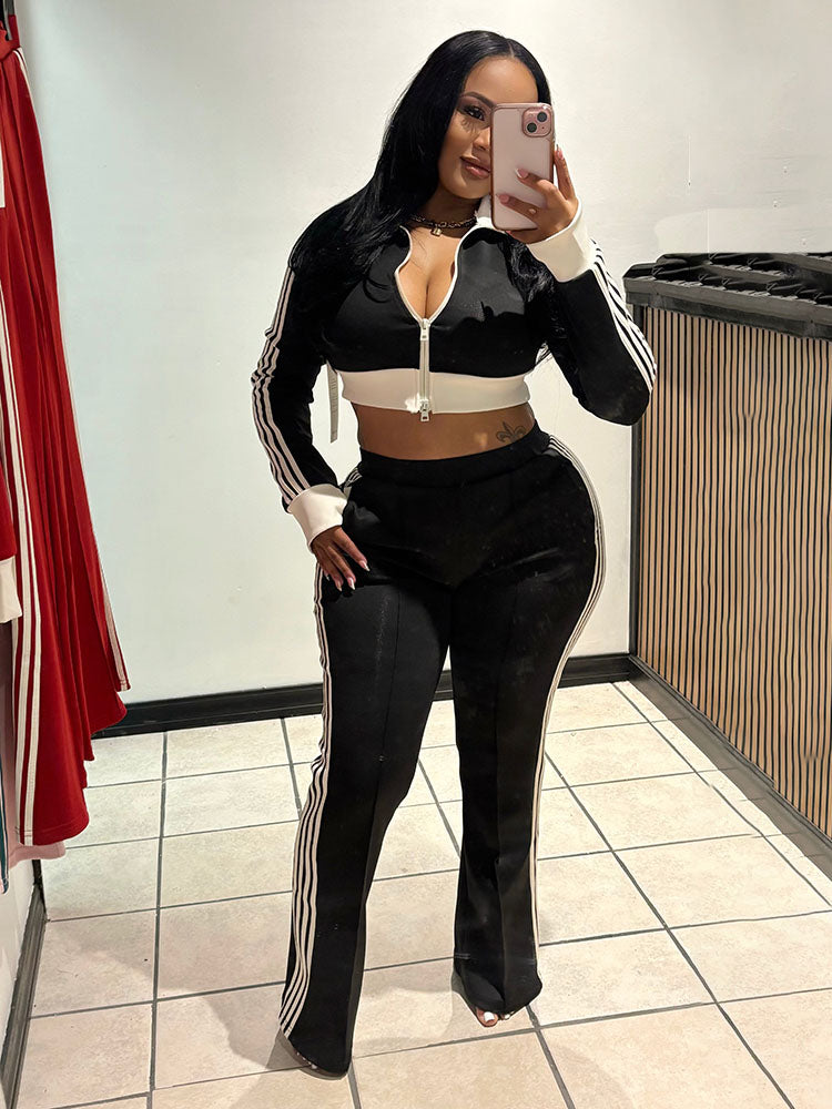 Striped Trim Zip Cropped Jacket & Pants Set