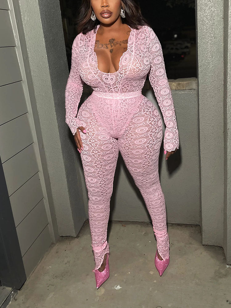 Ensemble body et pantalon en dentelle