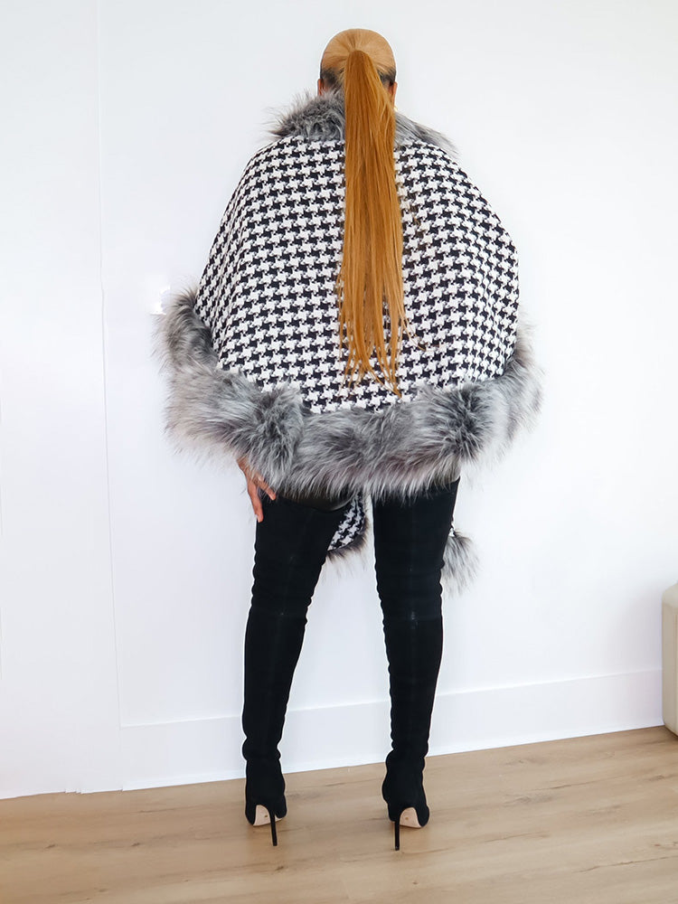 Houndstooth Faux Fur Trim Shawl