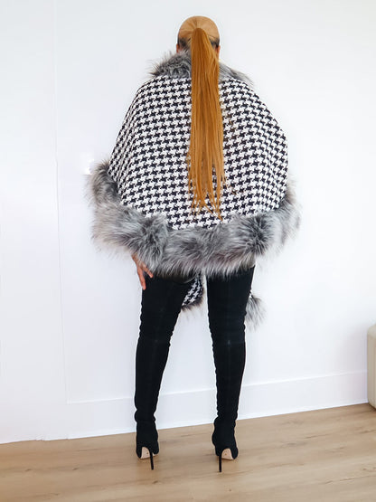 Houndstooth Faux Fur Trim Shawl