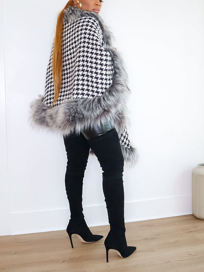 Houndstooth Faux Fur Trim Shawl