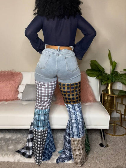 Plaid Bell Bottom Ruffle Jeans