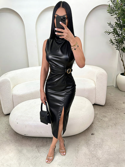 Faux Leather Metallic Decor Dress