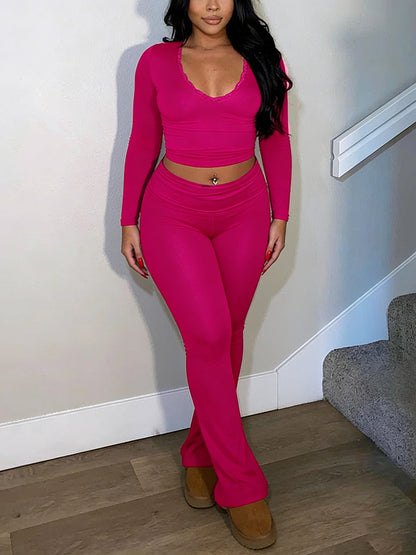 Contrast Lace Crop Top & Flare Pants Lounge Set