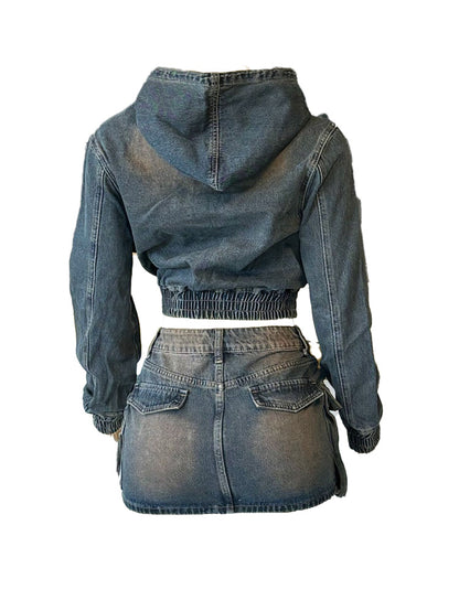 Denim Hoodie Jacket & Cargo Skirt Set