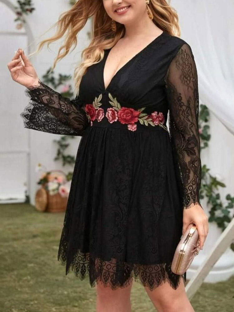 Embroidered Floral Lace Dress - ECHOINE