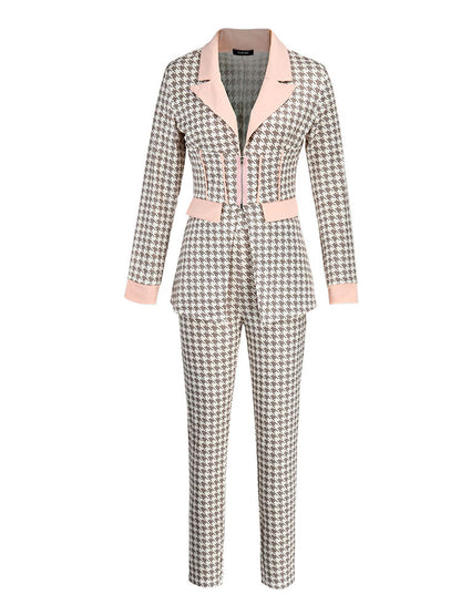 Houndstooth Turndown Collar Blazer Set - ECHOINE